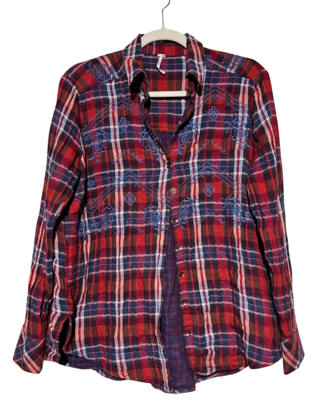 Free People Magical Plaid Button Front Shirt Size XS Embroidered Flannel Fall